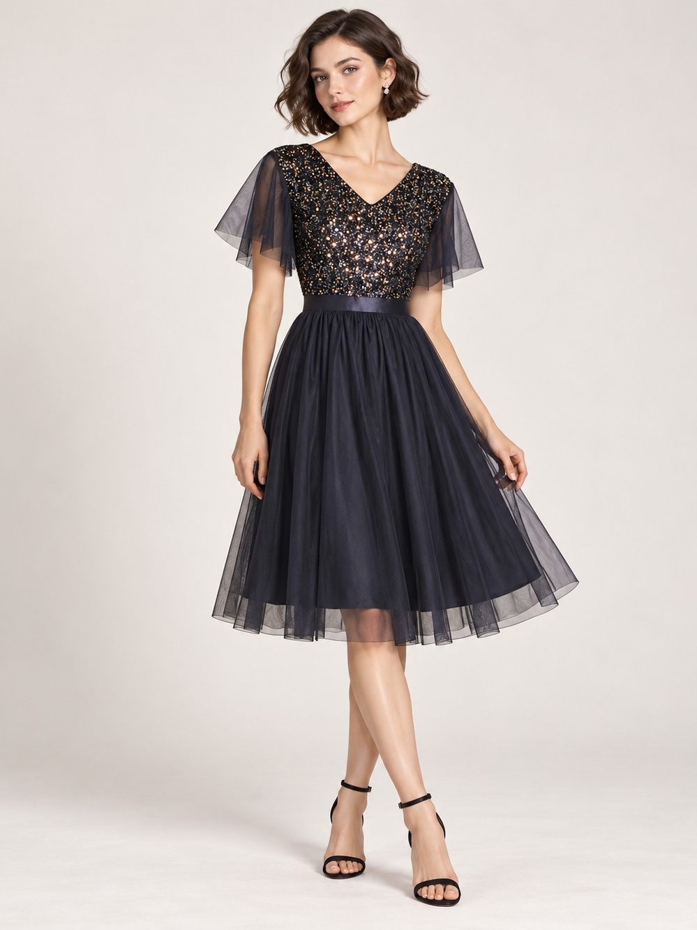 Bridesmay Black Sequin Tulle Cocktail Formal Dress L